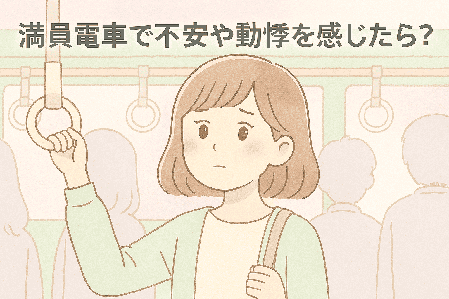 満員電車の中で不安そうな表情を浮かべる若い女性。吊り革につかまりながら心の不調を抱える様子が、やさしいパステル調で描かれている。