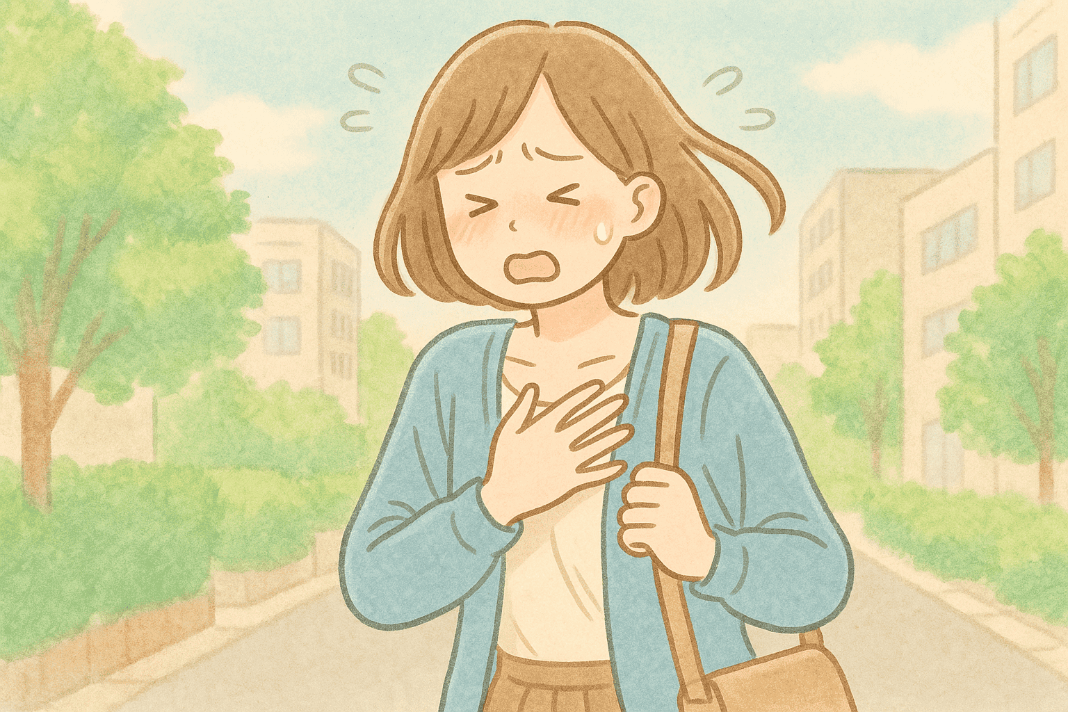不安発作に苦しむ女性が胸を押さえうずくまる様子。息苦しさと動悸を感じるパステル調のイラスト